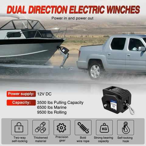 Beefy 3500 Lb Electric Boat Winch 12V DC With Remote Control And Hand Crank Portable Waterproof Reversible Trailer Winch For Boats Perfect For Small To Mid Size Boats Weatherproof Housing Smooth Operation Remote And Manual Crank Power In Freewheel, shown towing a boat