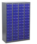 Heavy Duty Nut And Bolt Organizer Cabinet With 52 Drawers For Quick Access To Hardware In Your Shop Durable ABS Parts Storage Cabinet For Garage Or Workshop Freestanding Easy Labeling Reliable Organization, shown with blue drawers.