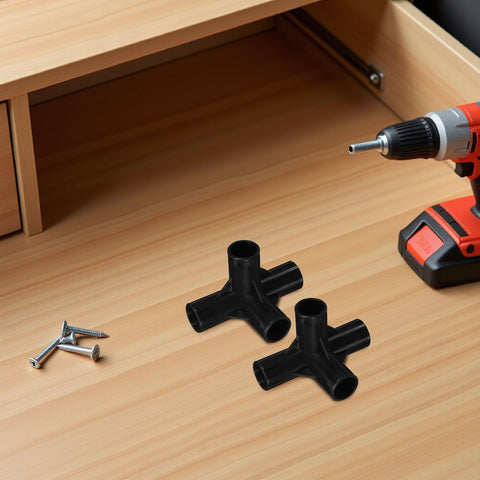 4-Way Plastic Shoe Rack Connectors, 16mm Inner Diameter, on wooden surface near screws and drill