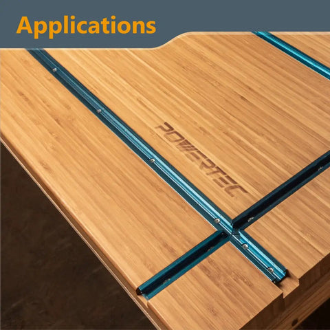 Two 36-Inch Universal T-Track Set With Intersection Kit installed on a wooden surface, showcasing its double-cut profile and pre-drilled holes.