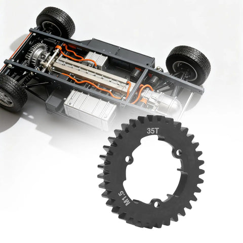 35T 1.5 Mod Spur Gear For Traxxas RC Cars Upgrade Main Gear For 1/5 XMaxx 6S 8S And 1/6 XRT shown with RC car chassis