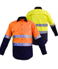 Mens Heavy Duty Go To Hi Viz Safety Shirt With Slick 360 Degree Reflective Tape Boss Level Ansi Class 3 Work Apparel All Day Comfort Cotton Utility Shirt Orange Navy Blend front and back view.
