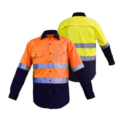 Mens Heavy Duty Go To Hi Viz Safety Shirt With Slick 360 Degree Reflective Tape Boss Level Ansi Class 3 Work Apparel All Day Comfort Cotton Utility Shirt Orange Navy Blend front and back view.