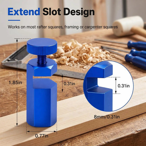 Stair Gauge Set For Framing Square With Holder For Circular Saw Guide And Carpentry Tools Hexagonal Lock And Hook Keeps Wood At A Perfect 90 Degree Angle So You Can Lock It In Fast And Reproduce Clean Right Angles Every Time, blue aluminum stair gauge 1.85in