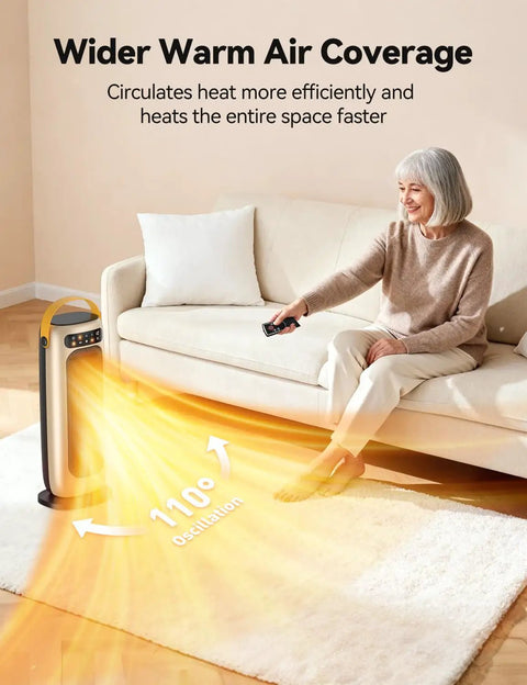 Woman using 1500W PTC Ceramic Space Heater With Remote, LED Touch Display, Four Heat Levels, 110 Degree Oscillation, 10-Hour Timer, UL Certified Safety, Quiet Portable Heater For A Cozy Bedroom Or Office in living room.