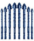 Blue 10-piece serrated masonry drill bit set, front view; four-flute sawtooth bits in 6–12 mm sizes, Amazon.