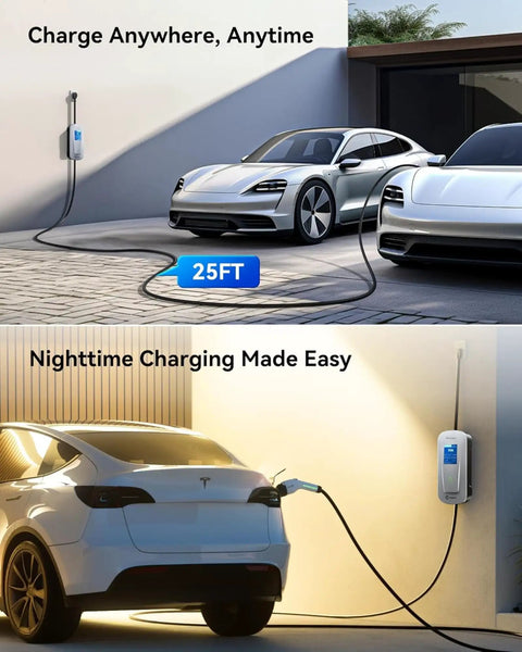 Cars charging with Level 2 Portable EV Charger 32A 7.68kW With 25 Foot Cable J1772 240V NEMA 14 50P For Home And Outdoor