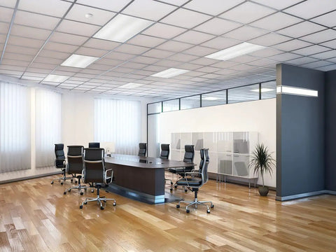 CMR 10 Contractor Select Extended Range Passive Infrared Ceiling Mount Occupancy Sensor for Commercial Spaces With 360 Degree Smart PIR Coverage White Finish in modern office setting with wooden flooring