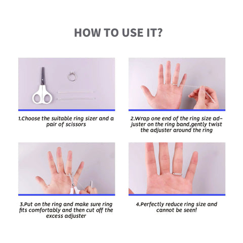 Instructional image for using Invisible Silicone Ring Size Adjusters Kit With Four Size Options, 12 Pack, Clear Clip On Guards