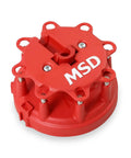 Distributor Cap And Rotor Kit Red For High Performance Ignition System Upgrade Low Resistance Brass Contacts Resists Carbon Tracking Street Ready Replacement Part For Reliable Spark And Maximum Voltage Transfer. red MSD distributor cap, top view