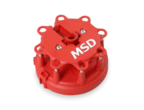 Distributor Cap And Rotor Kit Red For High Performance Ignition System Upgrade Low Resistance Brass Contacts Resists Carbon Tracking Street Ready Replacement Part For Reliable Spark And Maximum Voltage Transfer. red MSD distributor cap, top view