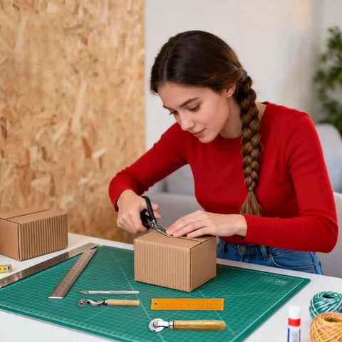 Woman using scissors on cardboard box with Top Tier 5 Piece Box Resizer Kit Featuring Scoring Wheel Perforator and tools on table.