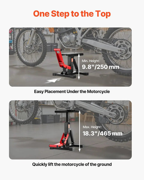 Dirt Bike Lift Stand With 1200Lb Capacity, Hydraulic Motorcycle Jack, adjustable height from 9.8 to 18.3 inches, side view.