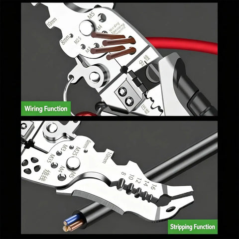 Heavy Duty Stainless Steel Wire Strippers And Cutting Pliers With Precision Notches showing wiring and stripping functions with clear markings.