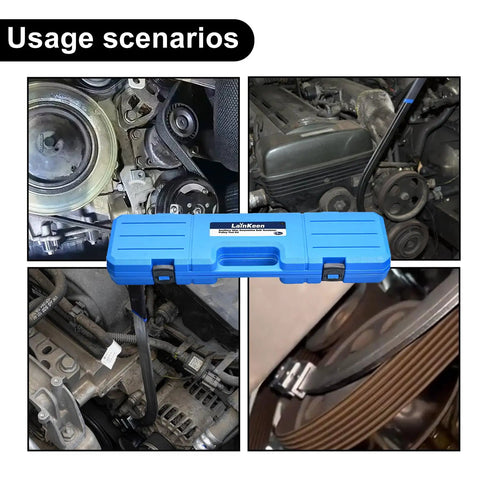 Serpentine Belt Tensioner Tool Kit 15 Pc Set with blue case and wrench in use on engine parts