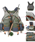Lightweight Mesh Fishing Vest For Men And Women With 17 Pockets, breathable back panel, army green, front and pocket detail view
