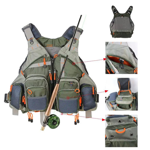 Lightweight Mesh Fishing Vest For Men And Women With 17 Pockets, breathable back panel, army green, front and pocket detail view