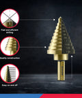 Badass High Speed Steel Step Drill Bit Set With Auto Center Punch showing detailed size markings, quality construction, and titanium coating.