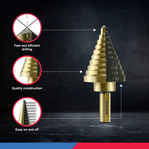 Badass High Speed Steel Step Drill Bit Set With Auto Center Punch showing detailed size markings, quality construction, and titanium coating.