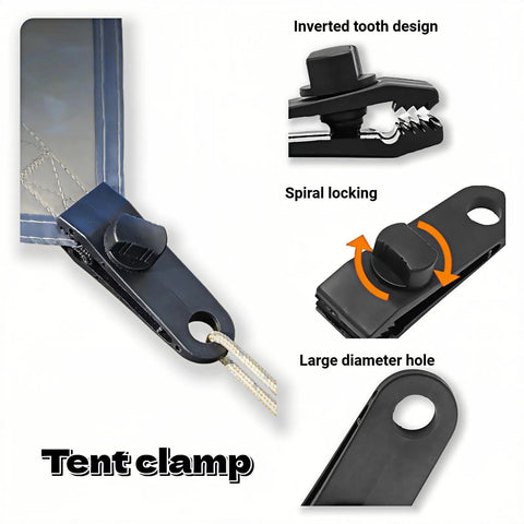 Heavy Duty Windproof Tent Clips With Anti Slip Teeth For Camping And Tarp Setups, Rugged Rope Clamps with spiral locking mechanism.