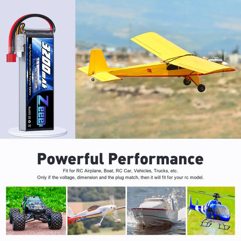 3S 11.1V 3200mAh 50C RC Lipo Battery Pack With Soft Case And T Connector next to yellow RC plane, car, boat, and helicopter.