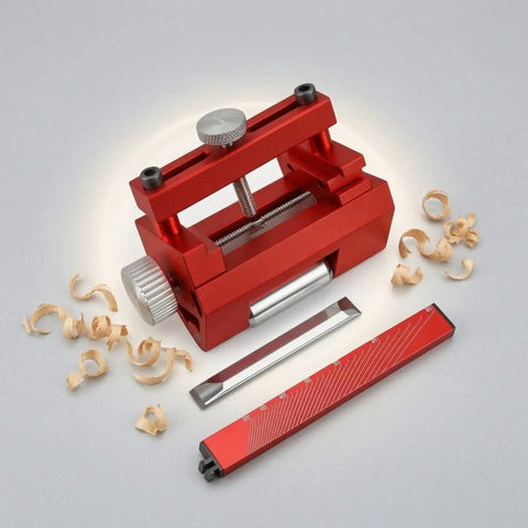 Shop Ready Fixed Angle Sharpening Jig With Built Tough Rigid Metal Frame And Knurled Tightening Knob For Precision Edge Honing On Professional Woodworking Hand Tools with sawdust.