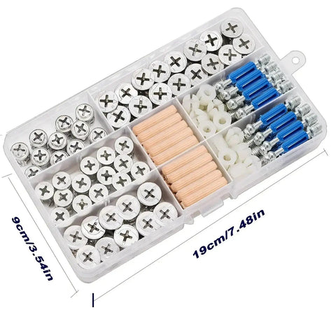 Rock Solid Furniture Cam Lock Fasteners Featuring Hella Tough Alloy Steel Nuts Screws And Precision Wood Dowel Pins For Easy Cabinet Wardrobe And Kitchen Assembly No Sweat Required in organized plastic case.