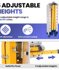 Heavy Duty Portable Welding Table And Folding Scaffolding Platform With Four Smooth Rollers, Height Adjustable Steel Workbench Built Tough With Zero Sweat, 1100 Pound Capacity Anti Slip Surface showing adjustable legs and solid pin.