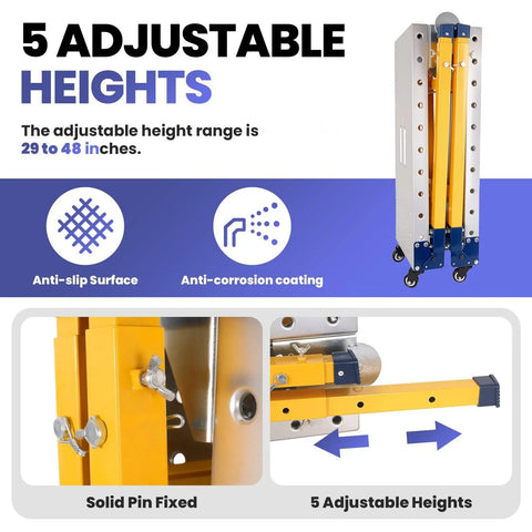 Heavy Duty Portable Welding Table And Folding Scaffolding Platform With Four Smooth Rollers, Height Adjustable Steel Workbench Built Tough With Zero Sweat, 1100 Pound Capacity Anti Slip Surface showing adjustable legs and solid pin.