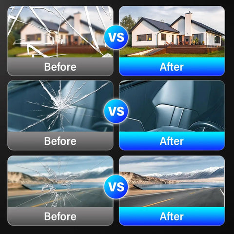 Before and after comparison of windshield repair using Two Piece Upgraded Windshield Crack Repair Kit for Cars and Daily Drivers.