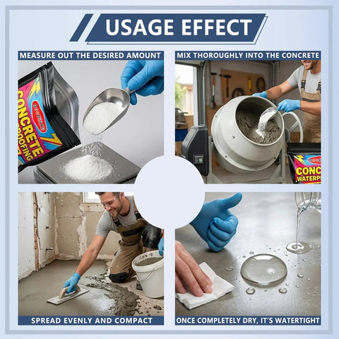 Usage steps for Rock Solid Waterproofing Powder For Concrete And Mortar Sealer That Slams The Door On Water Infiltration Across Roofs And Basements Featuring Anti Crack Protection And Pro Grade No Sweat Application At 16 Oz Bag.