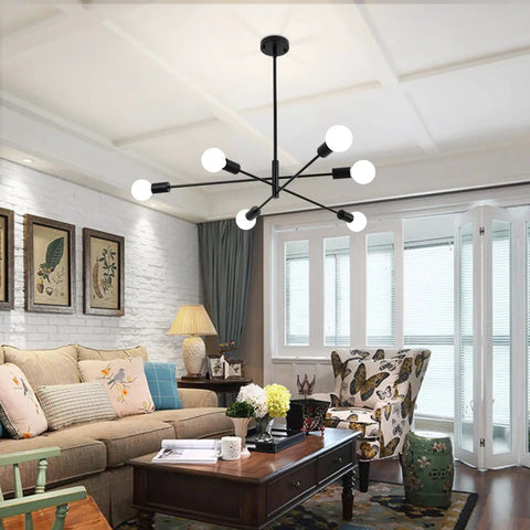 Six Light Black Orbital Style Chandelier For Dining Room And Living Spaces, Dope Mid Century Modern Ceiling Fixture in living room