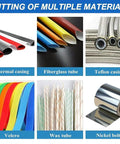 Precision Electric Heat Shrink Tube Cutter Machine With Digital Mic Control shows various materials like fiberglass tubes and thermal casings.