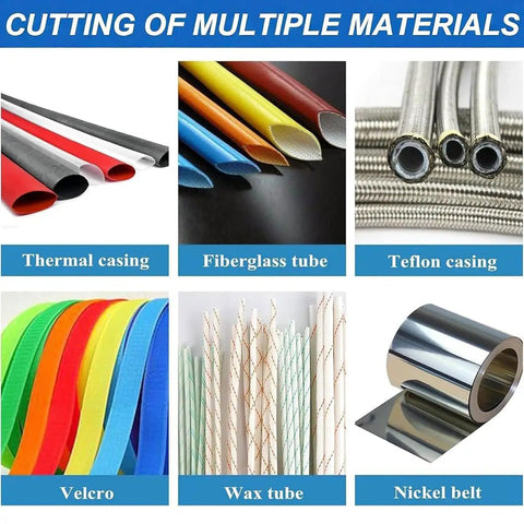 Precision Electric Heat Shrink Tube Cutter Machine With Digital Mic Control shows various materials like fiberglass tubes and thermal casings.