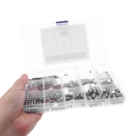 Hand holding Stainless Steel Screw Kit 300Pcs With Allen Wrenches Hex Socket Headless Cup Point Screws Refined Surface Finish