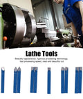 Front view of lathe tools set: 10 blue carbide-tipped cutting bits for metal turning, 1/4 inch shank
