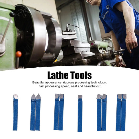 Front view of lathe tools set: 10 blue carbide-tipped cutting bits for metal turning, 1/4 inch shank