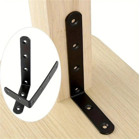 Super Heavy Duty Black Steel L Brackets 20 Pack Rock Solid Corner Reinforcements For Shelves Cabinets And Woodworking Joints 150 Millimeter size demonstrating angled installation.
