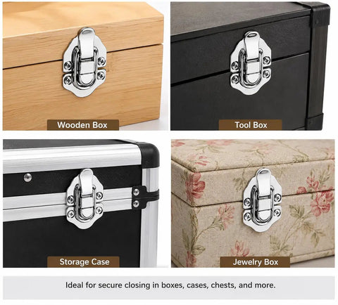 Heavy Duty Toggle Catch Lock Metal Hasp Latch Clasp For Chest Box Gift Bag Suitcase Furniture Hardware DIY With Screws Secure Buckle Strong Build Quality 70x40mm Package on wooden box and tool box