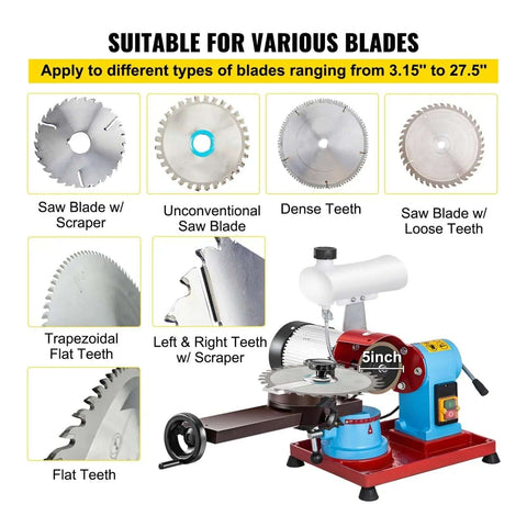 Built Like A Tank 370W Blade Sharpener With Wet Cooling Chamber For Circular And Carbide Edges, showing various blade types for sharpness.