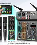 4 Channel USB DJ Mixer with dual wireless microphones showing controls, Bluetooth MP3 playback, USB audio interface, perfect for webcasts.