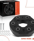 Front view of A-Premium drive shaft flex joint coupling with bolts, black circular flange with bolt holes.