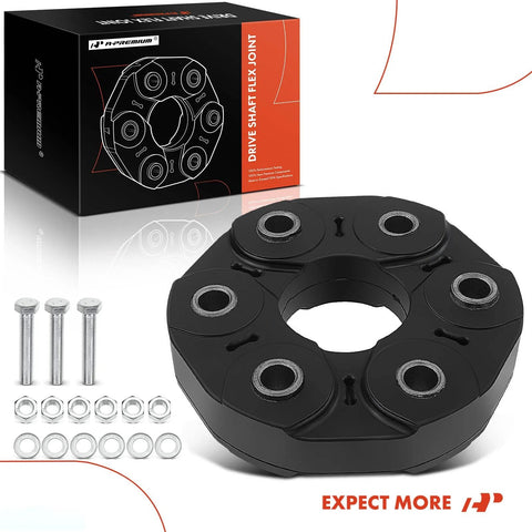 Front view of A-Premium drive shaft flex joint coupling with bolts, black circular flange with bolt holes.