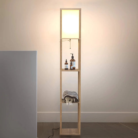 Cozy Rustic Wood Shelf Floor Lamp With Shade and Built-In 9W LED Bulb, corner display shelves for living room or office