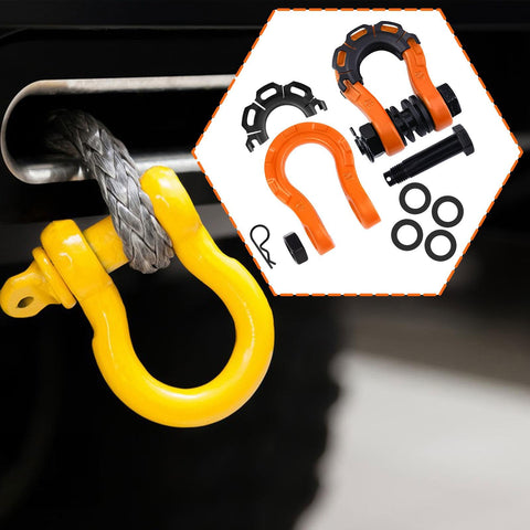 Beefy 2 Pack D Ring Shackle Set For Off Road Vehicles Heavy Duty Tow Shackles For Trucks And SUVs Universal High Performance Towing Accessories In Bright Orange, featuring close-up of shackle and components