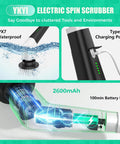 Electric Spin Scrubber Cordless Power Cleaning Brush With Long Handle And 8 Interchangeable Heads For Tub, Tile, Floors, Grout, Glass, Sinks, Corners And Car Wheels Two Speeds Up To 480 RPM Perfect For Tough Grime, IPX7 waterproof battery handle