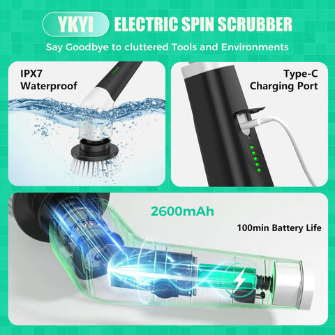 Electric Spin Scrubber Cordless Power Cleaning Brush With Long Handle And 8 Interchangeable Heads For Tub, Tile, Floors, Grout, Glass, Sinks, Corners And Car Wheels Two Speeds Up To 480 RPM Perfect For Tough Grime, IPX7 waterproof battery handle