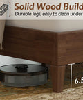Top Shelf King Bed Frame Crafted From Solid Hardwood With A Fifty Inch Tall Tufted Linen Headboard And Rich Walnut Finish, showcasing solid wood legs and robotic cleaner access.