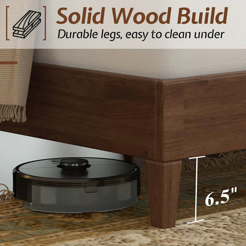 Top Shelf King Bed Frame Crafted From Solid Hardwood With A Fifty Inch Tall Tufted Linen Headboard And Rich Walnut Finish, showcasing solid wood legs and robotic cleaner access.
