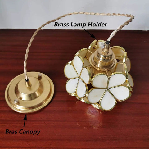 Petals Tiffany Style Stained Glass Ceiling Pendant Light With 8 Inch Cream White Lampshade Cherry Blossom Finish and brass canopy